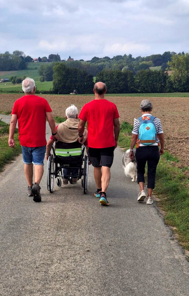 Quatre personnes marchent le long d'un chemin avec une personne est en fauteuil roulant. Le ciel est nuageux